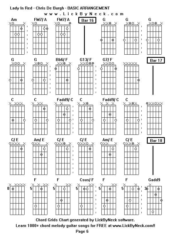 Chord Grids Chart of chord melody fingerstyle guitar song-Lady In Red - Chris De Burgh - BASIC ARRANGEMENT,generated by LickByNeck software.